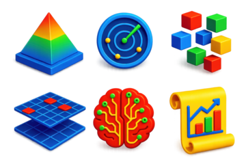 Analytical Icon Set. 3D icon set of analytical foresight: crystal pyramid, radar circle scan, matrix of floating cubes, brain