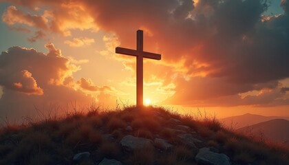 Wooden cross stands on grassy hill against dramatic sunset sky. Fiery clouds illuminate religious symbol, signifying faith, hope, sacrifice. Powerful testament to spiritual belief, enduring strength.