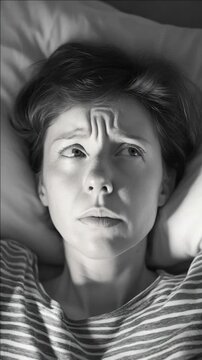 A woman lying in bed with her hand on her forehead, experiencing a severe headache.