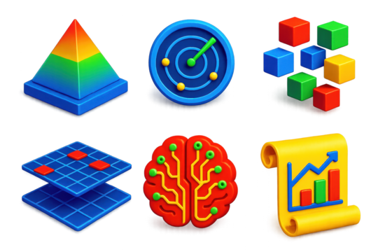 Analytical Icon Set. 3D icon set of analytical foresight: crystal pyramid, radar circle scan, matrix of floating cubes, brain