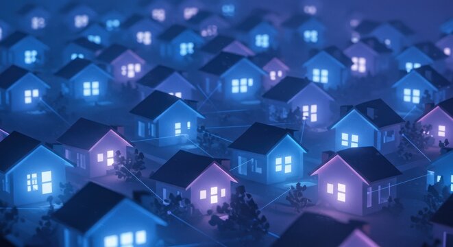 Illuminated Smart Homes Networked in Futuristic Cyberpunk Cityscape.