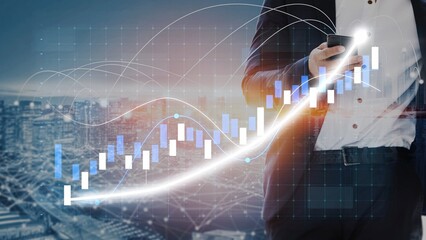 A businessman in professional attire uses a smartphone to monitor stock market growth against a backdrop of a city skyline, featuring data visualization elements. Copula