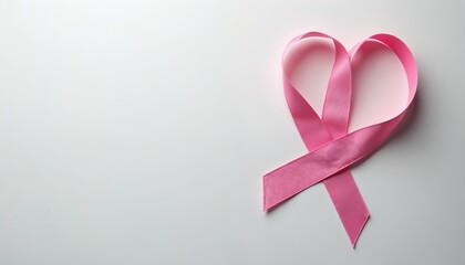 Pink ribbon arranged in heart shape on white background. Image represents breast cancer awareness support hope. Concept of health care disease prevention. Minimalist design for medical campaigns.