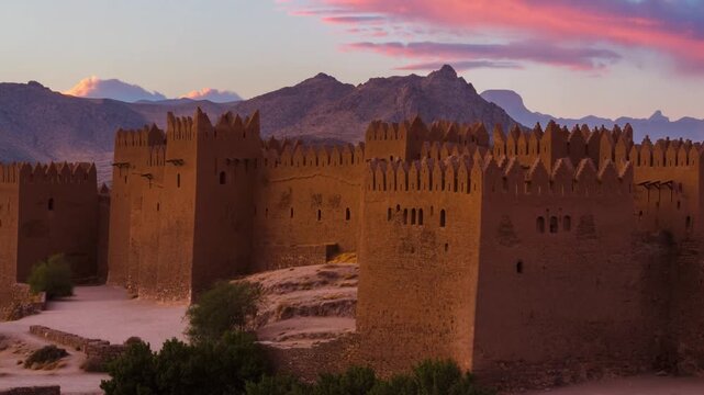 Ancient Fortress with Majestic Mountain Backdrop during Sunset. Capture the rich heritage and enduring strength of this formidable structure. Stock Video