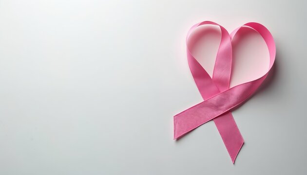 Pink ribbon arranged in heart shape on white background. Image represents breast cancer awareness support hope. Concept of health care disease prevention. Minimalist design for medical campaigns.