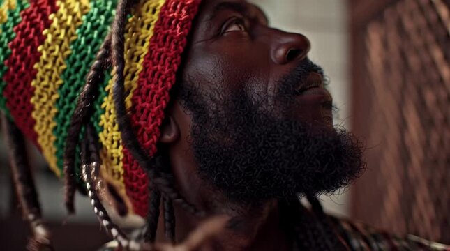 Pensive Rastafarian man looking up with hope and introspection in colorful rasta hat