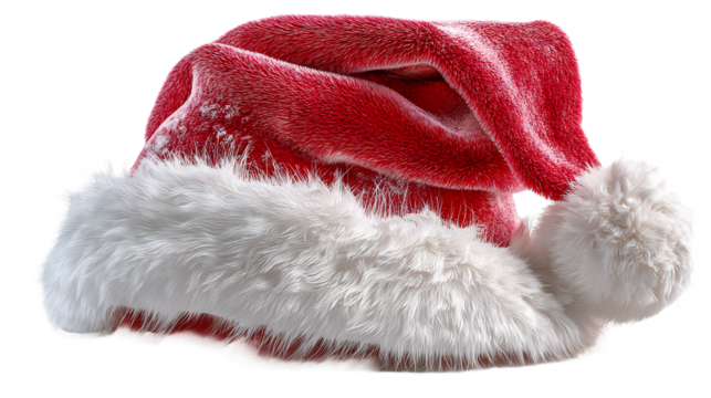 Festive red Santa Claus hat with fluffy white trim isolated on transparent background, conveying the magic of Christmas with vibrant colors and detailed textures