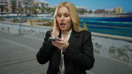 Blonde woman in business attire smiles while using smartphone on a sunny beach promenade with urban background.