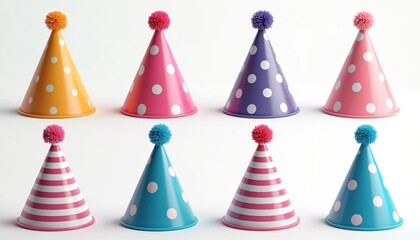 Eight colorful party hats with pom-poms stand on white background. Caps polka dots, others feature stripe designs. Festive cone hats ready for birthday celebration fun event. Bright decor creates