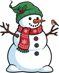 Festive snowman winter holiday illustration robin bird christmas season vector graphic isolated on transparent background, Vector