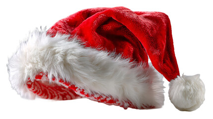 Classic red velvet Santa hat with white fur trim isolated on transparent background, embodying the spirit of Christmas with rich textures and vibrant colors