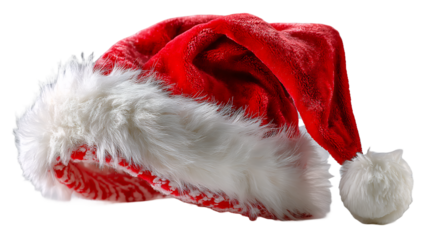 Classic red velvet Santa hat with white fur trim isolated on transparent background, embodying the spirit of Christmas with rich textures and vibrant colors