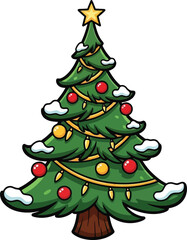 Christmas tree decoration holiday vector illustration snowy star ornaments lights isolated on transparent background, Vector