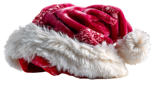 Decorative red and white Santa hat with intricate patterns and soft fur isolated on transparent background, capturing the essence of holiday joy with detailed textures