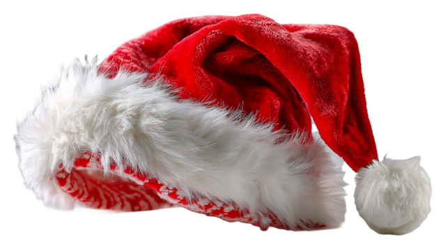 Classic red velvet Santa hat with white fur trim isolated on transparent background, embodying the spirit of Christmas with rich textures and vibrant colors