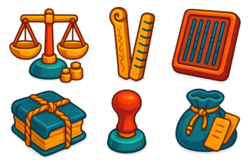 Ancient Trading Tools Icons. 3D icon set of ancient merchant tools: weight scale with counterweights, carved measuring stick,