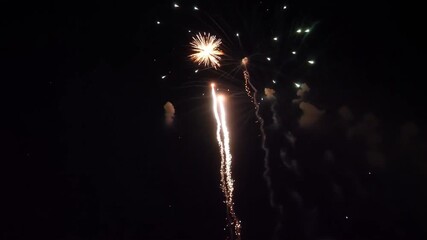 Fireworks display bursting brightly against the night sky, creating a spectacular and colorful show. The vibrant lights illuminate the darkness. Stock Video