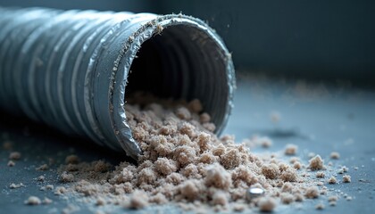 Flexible dryer vent pipe full of lint and dust. Blocked ventilation causes fire risk. Regular cleaning prevents appliance danger and ensures home safety. Maintenance is essential.