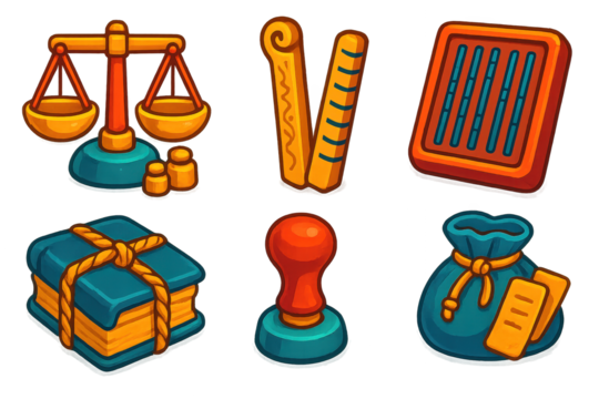 Ancient Trading Tools Icons. 3D icon set of ancient merchant tools: weight scale with counterweights, carved measuring stick,