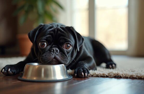 Black pug rests near full pet bowl at home. Funny dog looks sad with big eyes. Pet cares and animal health concept. Cute puppy eating indoors.