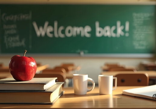 Classroom scene with blackboard noting Welcome back. Apple lies on books next to cups. Notebook is placed on table in academic interior. Education and learning symbol concept. School preparation mood.