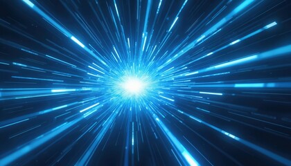 Fototapeta premium Bright blue light burst radiates from center. Many speed lines show fast motion, energy, data flow. Abstract tech background gives sense of future, innovation, cyber space. Vibrant tunnel of light