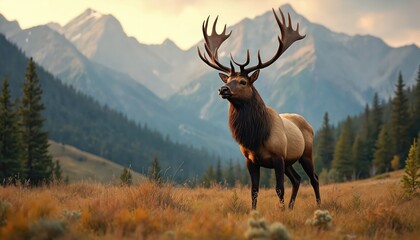 Obraz premium Majestic elk with large antlers stands in a dry grass meadow. Mountains and pine trees form a scenic backdrop under a soft sky. Wild animal in natural habitat.