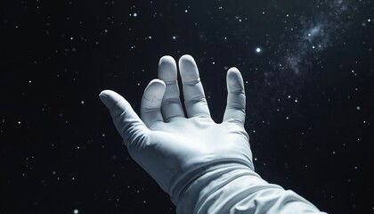 Fototapeta premium Astronauts white gloved hand reaches up into dark outer space. Hand explores universe, touches distant stars, faint nebula. Human future exploration, scientific discovery, galactic journey concept,