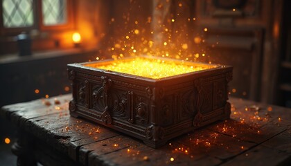 Naklejka premium Ornate wooden box on rustic table emits magical light. Box glows with golden sparkles, exuding mystical aura. Wooden table and blurred background with warm light evoke fantasy atmosphere.