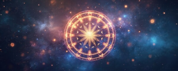 Fototapeta premium Golden zodiac wheel glows in deep cosmic space. Astrological signs, star patterns encircle bright symbol. Universe background features nebulas, glowing stars. Mystical graphic illustrates destiny,