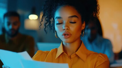 A young woman with curly hair looking to her side, deeply focused on a book she's reading. In the background, other people are also engaged in their studies.