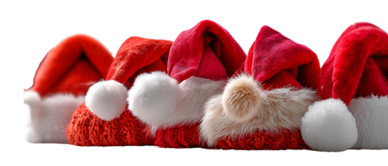 Festive array of Santa Claus hats isolated on transparent background, showcasing a variety of textures, colors, and styles, perfect for Christmas holiday season