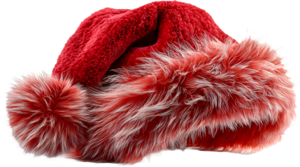 Detailed Santa Claus hat with a textured red finish and fluffy white trim, isolated on a clean transparent background, radiating Christmas holiday warmth