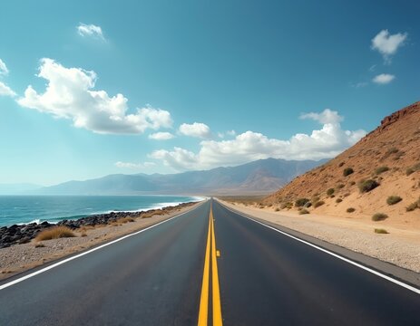 Long empty highway stretches along vast ocean coastline. Blue sea waves break on rocky shore. Arid mountains rise under wide clear sky with fluffy white clouds. Scenic road offers inspiring journey, - Powered by Adobe