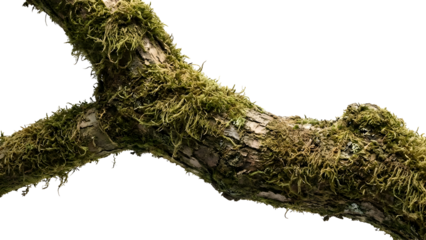 Close up of a moss covered tree branch isolated on white background 2.