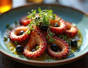 Cooked octopus tentacles with olives served on plate. Rich seafood dish with fresh greens and olive oil dressing. Appetizing delicacy seasoned with paprika and herbs.