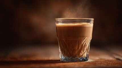 Aromatic bliss: Steaming glass of masala chai on a rustic wooden surface