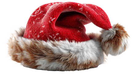 Detailed Santa Claus hat isolated on transparent background, featuring a classic design with a soft fur trim and a festive pompom, embodying holiday cheer