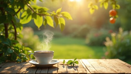 Fototapeta premium Hot steaming tea cup sits on wooden table outdoors. Rich green garden background. Bright sun rays filter through leaves. Fresh morning beverage.