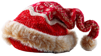 Festive Santa Claus hat with intricate snowflake patterns, isolated on transparent background, showcasing detailed craftsmanship, perfect for winter holiday designs