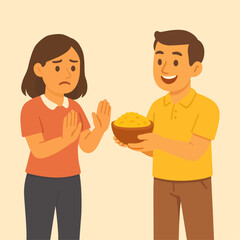 Woman Refusing Food Illustration Vector, Female Character Denying Offer, Allergy, Diet, or Eating Disorder Concept Design