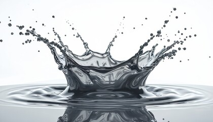 Dark liquid splashes, creating beautiful crown shape with many drops. Reflective metallic mercury like surface shows ripples, motion. Dynamic fluid element on white. Shiny silver texture. Flowing