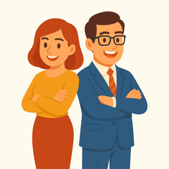 Business Team Couple Illustration Vector, Happy Professional Man and Woman Standing with Crossed Arms, Corporate Partnership and Startup Management Concept