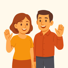 Happy Couple Waving Hand Illustration Vector, Smiling Man and Woman Greeting or Saying Goodbye, Friendly People and Social Communication Concept Design