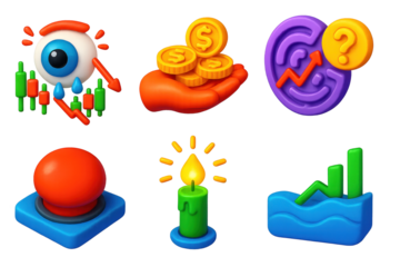 Emotional Market Icons. 3D icon set of emotional states in the market: fearful eye on chart, greedy hand with coins, confused maze