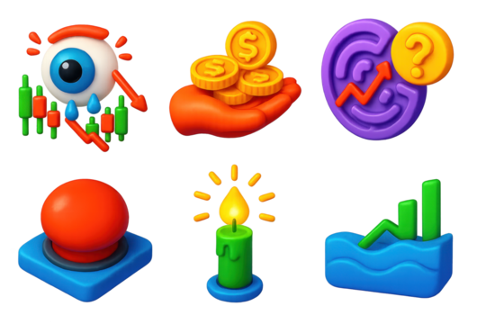 Emotional Market Icons. 3D icon set of emotional states in the market: fearful eye on chart, greedy hand with coins, confused maze