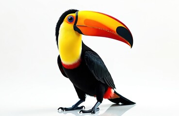 Obraz premium Toucan bird with bright yellow chest and large orange red beak stands on white background. Tropical wild animal with black feathers, vibrant exotic bird.