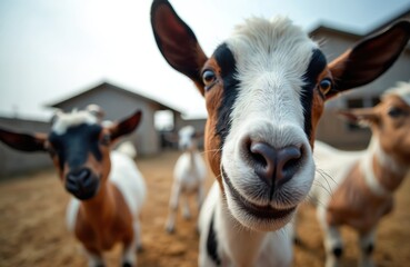 Curious goats look directly at camera on farm. Young domestic animals with brown white fur stand on dry ground near barn. Goats pose for photo.