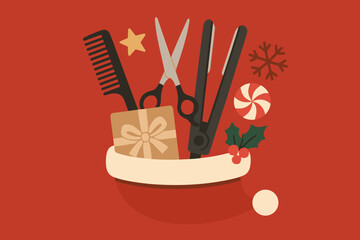 A flat lay Christmas scene with hairdressing tools, a gift, and holiday decorations inside a Santa Claus hat on a red background&mdash;Merry Christmas and Happy New Year