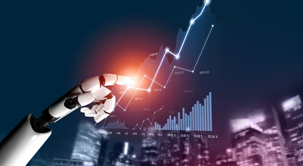 A robotic hand reaches towards a digital stock market graph, illustrating a significant upward trend. This image represents innovation in finance and technology. Scalp